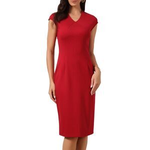 Women Work Dress V Neck Cap Sleeve Knee Length Elegant Sheath Dress Red